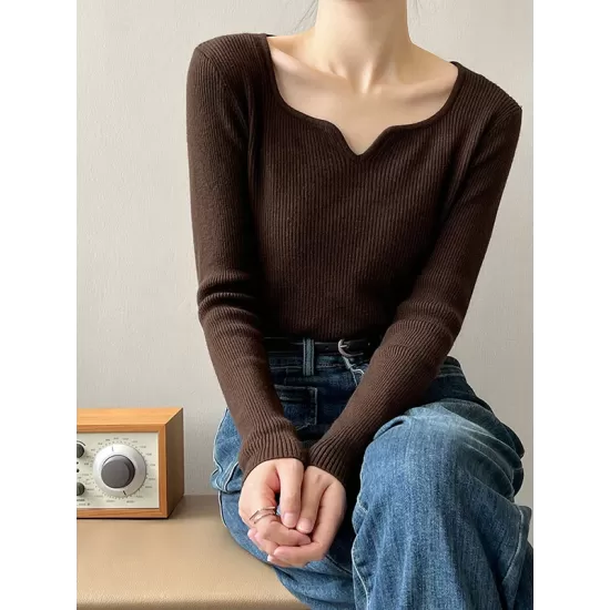 Urban Skinny Long Sleeves Elasticity Solid Color V-Neck Sweater Tops Pullovers