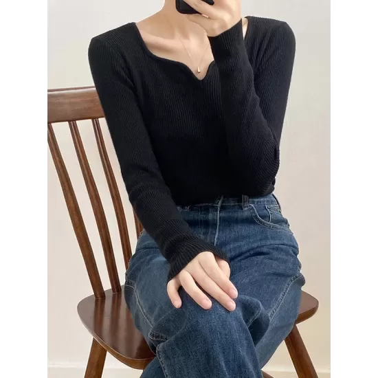 Urban Skinny Long Sleeves Elasticity Solid Color V-Neck Sweater Tops Pullovers