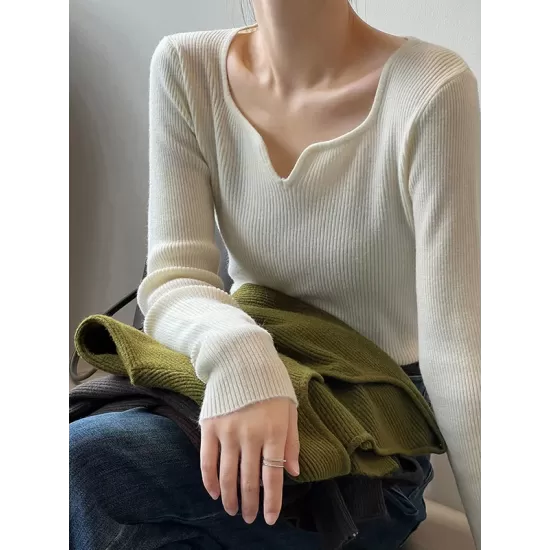 Urban Skinny Long Sleeves Elasticity Solid Color V-Neck Sweater Tops Pullovers