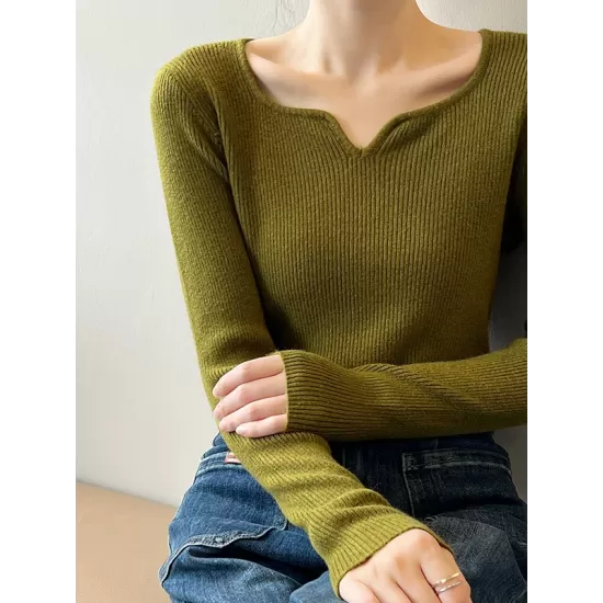 Urban Skinny Long Sleeves Elasticity Solid Color V-Neck Sweater Tops Pullovers