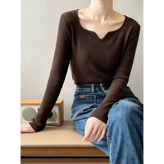 Urban Skinny Long Sleeves Elasticity Solid Color V-Neck Sweater Tops Pullovers