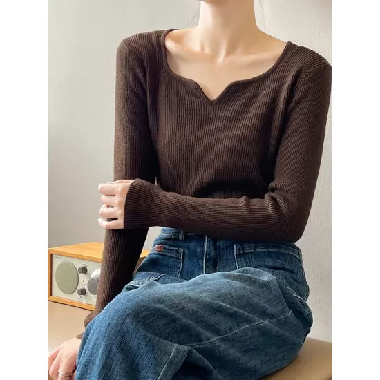 Urban Skinny Long Sleeves Elasticity Solid Color V-Neck Sweater Tops Pullovers