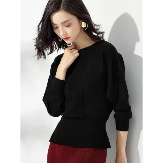 Casual Long Sleeves Solid Color Boat Neck Tunic Sweater Tops