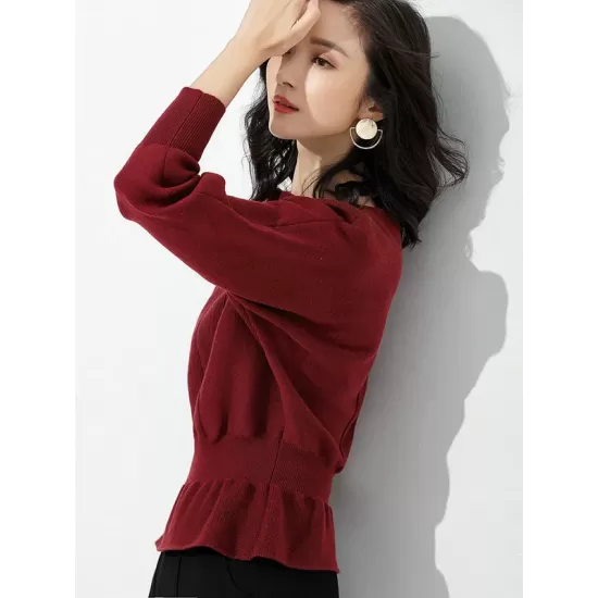 Casual Long Sleeves Solid Color Boat Neck Tunic Sweater Tops