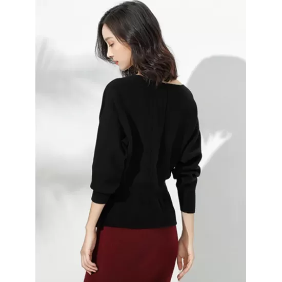 Casual Long Sleeves Solid Color Boat Neck Tunic Sweater Tops