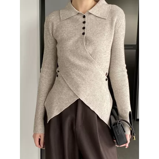 Asymmetric Buttoned Hollow Long Sleeves Skinny Lapel Sweater Pullovers Knitwear