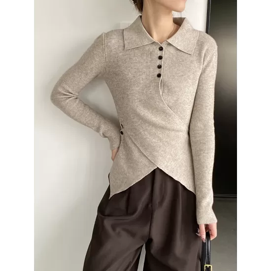 Asymmetric Buttoned Hollow Long Sleeves Skinny Lapel Sweater Pullovers Knitwear