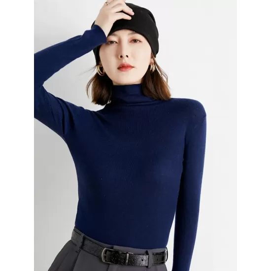 Simple Skinny Long Sleeves Solid Color High-Neck Sweater Tops Pullovers