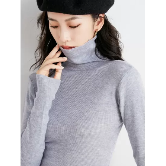 Simple Skinny Long Sleeves Solid Color High-Neck Sweater Tops Pullovers