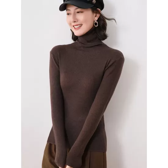 Simple Skinny Long Sleeves Solid Color High-Neck Sweater Tops Pullovers