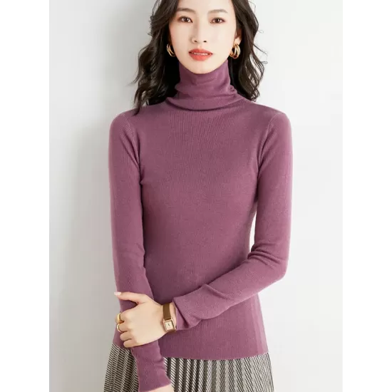 Simple Skinny Long Sleeves Solid Color High-Neck Sweater Tops Pullovers