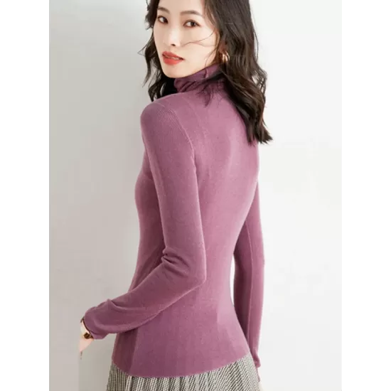 Simple Skinny Long Sleeves Solid Color High-Neck Sweater Tops Pullovers