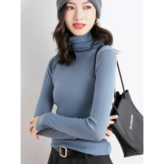 Simple Skinny Long Sleeves Solid Color High-Neck Sweater Tops Pullovers