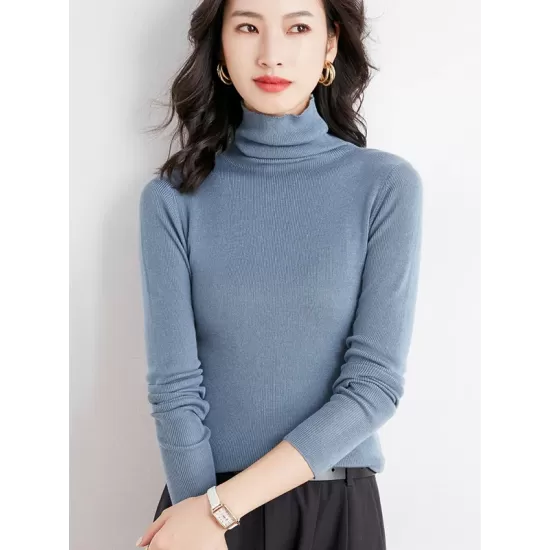 Simple Skinny Long Sleeves Solid Color High-Neck Sweater Tops Pullovers