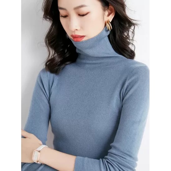 Simple Skinny Long Sleeves Solid Color High-Neck Sweater Tops Pullovers