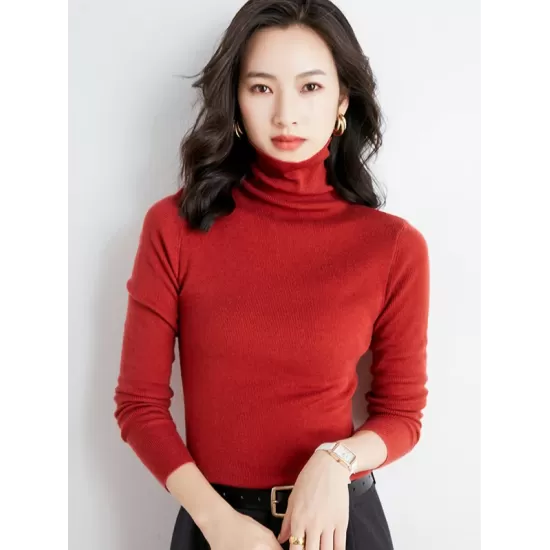 Simple Skinny Long Sleeves Solid Color High-Neck Sweater Tops Pullovers