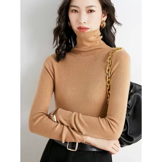 Simple Skinny Long Sleeves Solid Color High-Neck Sweater Tops Pullovers