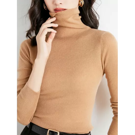 Simple Skinny Long Sleeves Solid Color High-Neck Sweater Tops Pullovers