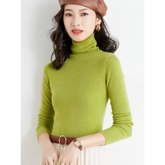 Simple Skinny Long Sleeves Solid Color High-Neck Sweater Tops Pullovers