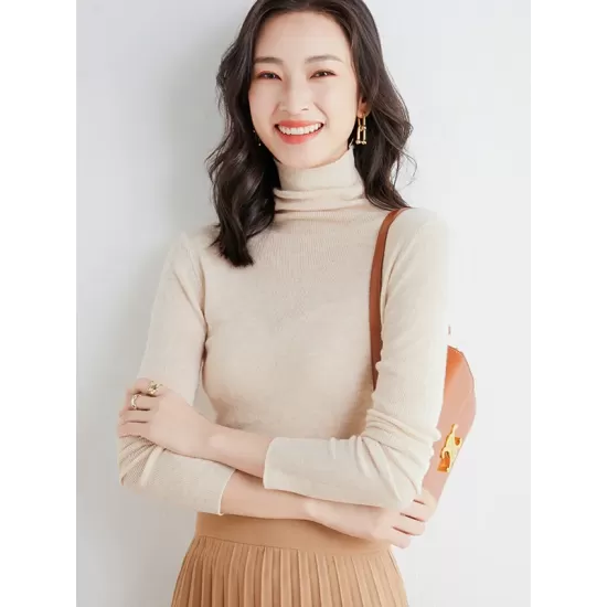 Simple Skinny Long Sleeves Solid Color High-Neck Sweater Tops Pullovers