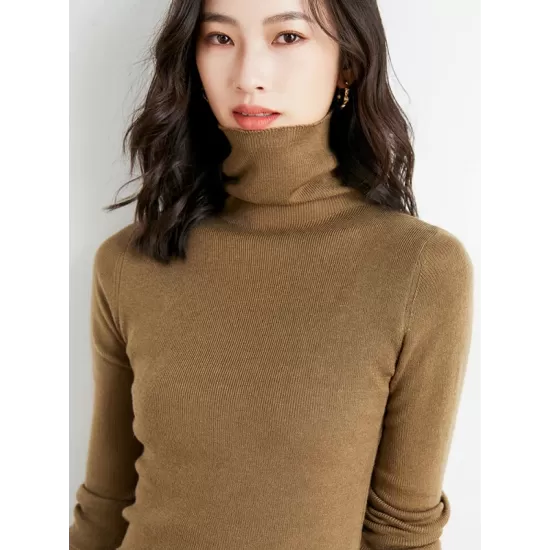 Simple Skinny Long Sleeves Solid Color High-Neck Sweater Tops Pullovers