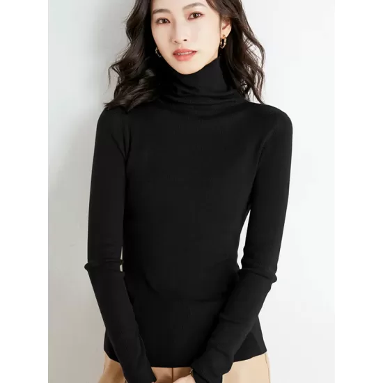 Simple Skinny Long Sleeves Solid Color High-Neck Sweater Tops Pullovers