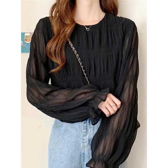 Pleated Solid Color Flared Sleeves Loose Round-Neck T-Shirts