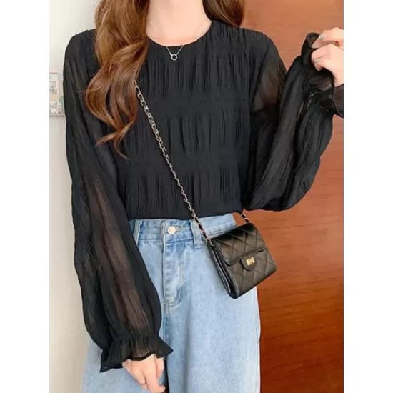 Pleated Solid Color Flared Sleeves Loose Round-Neck T-Shirts