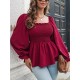 Elasticity Pleated Solid Color Long Sleeves Puff Sleeves Square-Neck T-Shirts