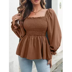 Elasticity Pleated Solid Color Long Sleeves Puff Sleeves Square-Neck T-Shirts