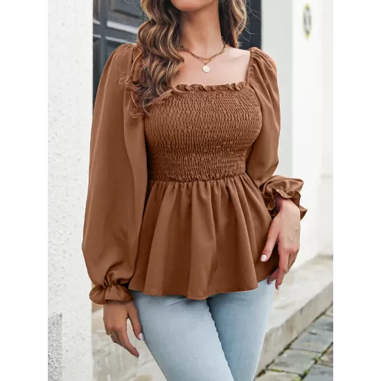 Elasticity Pleated Solid Color Long Sleeves Puff Sleeves Square-Neck T-Shirts