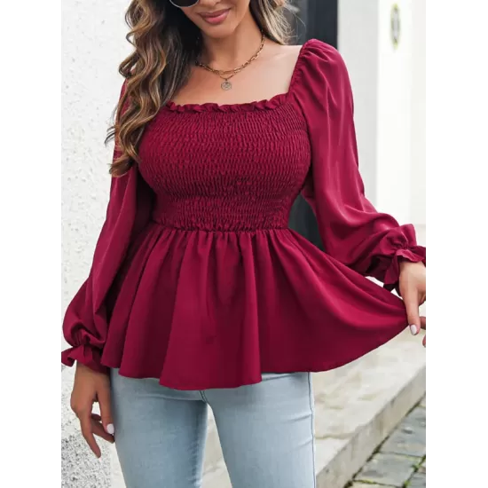 Elasticity Pleated Solid Color Long Sleeves Puff Sleeves Square-Neck T-Shirts