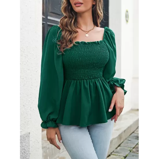 Elasticity Pleated Solid Color Long Sleeves Puff Sleeves Square-Neck T-Shirts