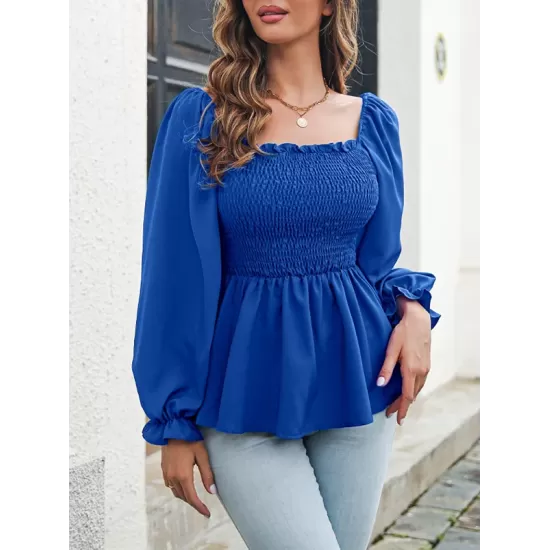 Elasticity Pleated Solid Color Long Sleeves Puff Sleeves Square-Neck T-Shirts