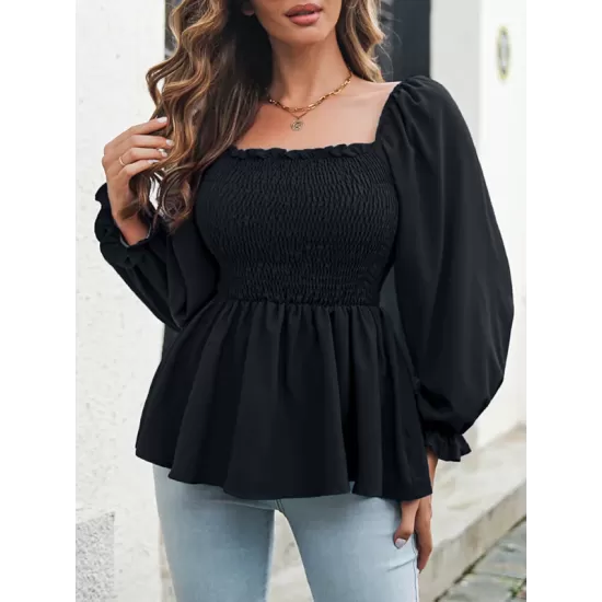 Elasticity Pleated Solid Color Long Sleeves Puff Sleeves Square-Neck T-Shirts