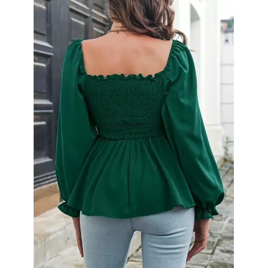 Elasticity Pleated Solid Color Long Sleeves Puff Sleeves Square-Neck T-Shirts