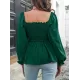 Elasticity Pleated Solid Color Long Sleeves Puff Sleeves Square-Neck T-Shirts