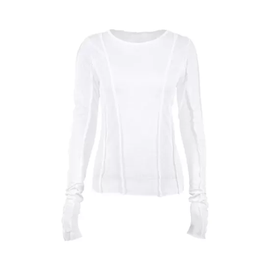 Pleated Solid Color Long Sleeves Skinny Round-Neck T-Shirts