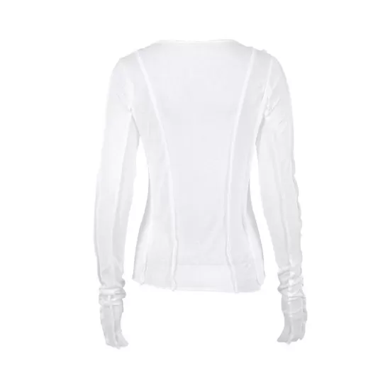 Pleated Solid Color Long Sleeves Skinny Round-Neck T-Shirts