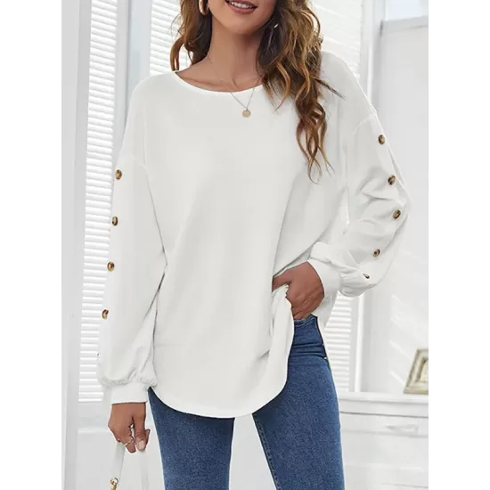 Simple Loose Long Sleeves Solid Color Round-Neck T-Shirts Tops