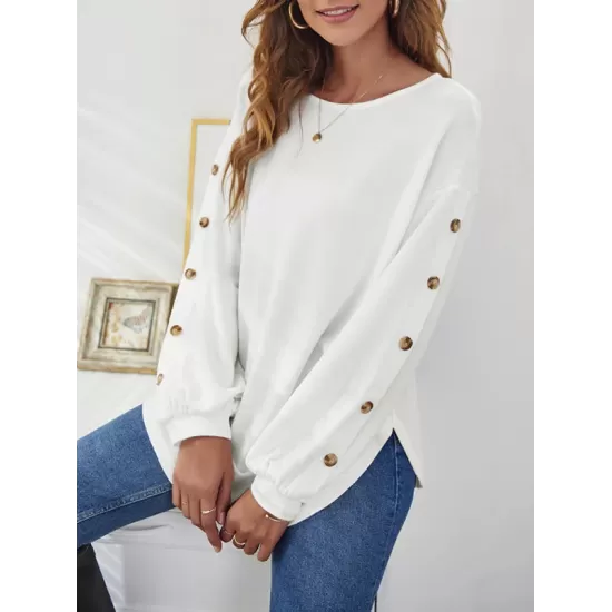 Simple Loose Long Sleeves Solid Color Round-Neck T-Shirts Tops