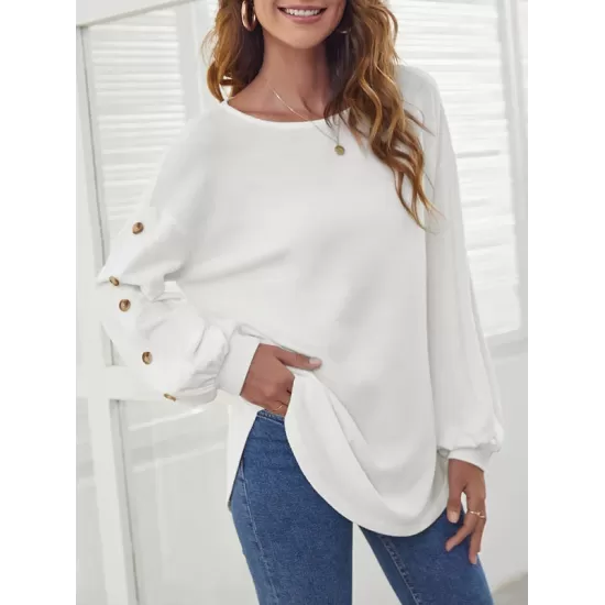 Simple Loose Long Sleeves Solid Color Round-Neck T-Shirts Tops