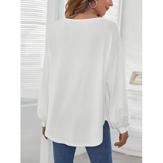 Simple Loose Long Sleeves Solid Color Round-Neck T-Shirts Tops