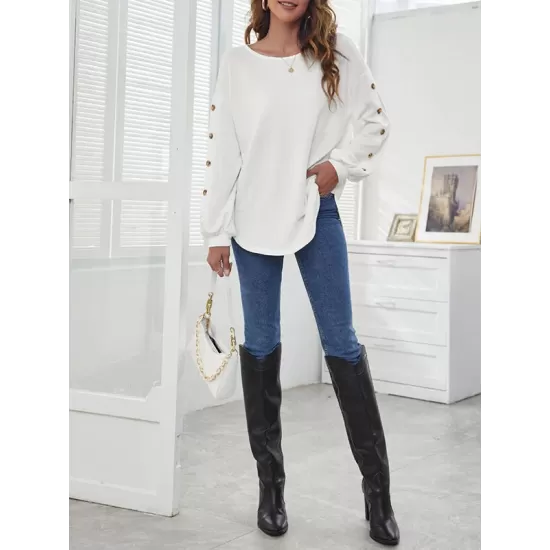 Simple Loose Long Sleeves Solid Color Round-Neck T-Shirts Tops