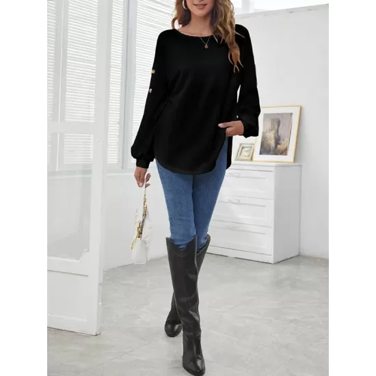 Simple Loose Long Sleeves Solid Color Round-Neck T-Shirts Tops