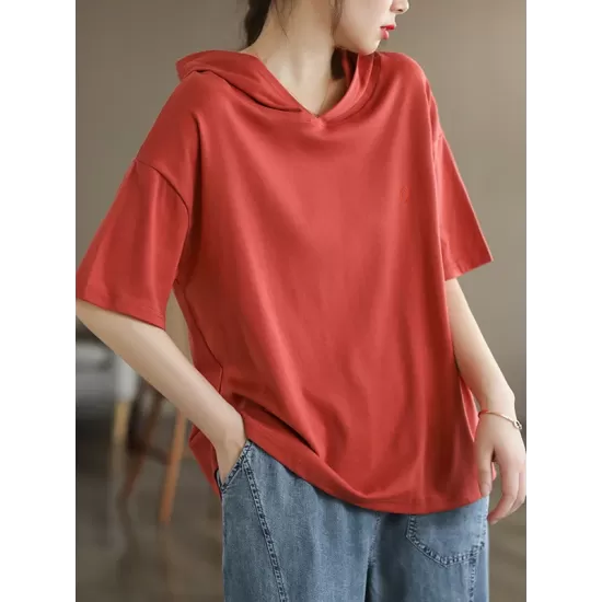 Hooded Solid Color Short Sleeves Hooded T-Shirts Tops