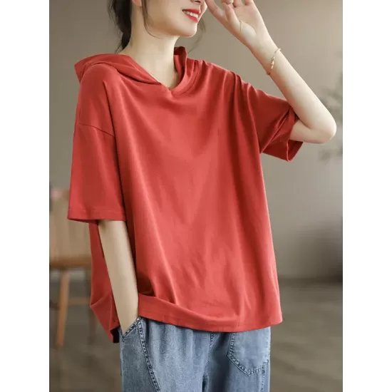 Hooded Solid Color Short Sleeves Hooded T-Shirts Tops