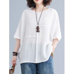 Solid Color Split-Joint Batwing Sleeves Loose Round-neck T-Shirts Tops