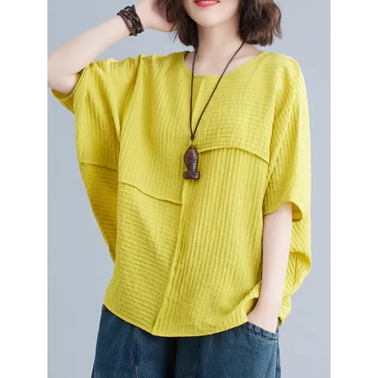 Solid Color Split-Joint Batwing Sleeves Loose Round-neck T-Shirts Tops