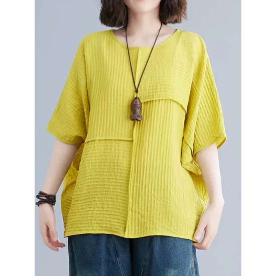 Solid Color Split-Joint Batwing Sleeves Loose Round-neck T-Shirts Tops